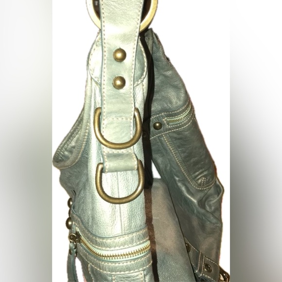 ISABELLA FIORE Vtg Large Blue Metallic Shimmer Stud Leather Hobo Handbag Satchel - Picture 11 of 16